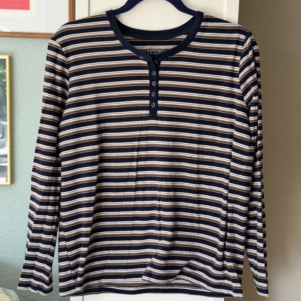 Navy Striped Henley Long Sleeve Shirt - M